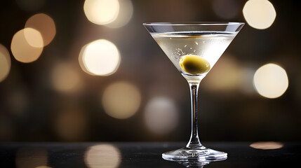 Elegant Image of a Martini Cocktail with a Single Olive on a Sleek Bar Counter