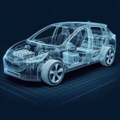 A line art 3D illustration displays a modern electric car chassis x-ray, revealing the vehicle battery in a studio environment.
