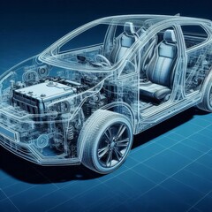 A line art 3D illustration displays a modern electric car chassis x-ray, revealing the vehicle...