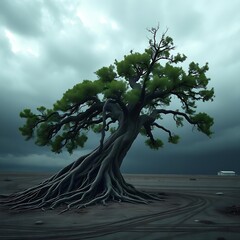 A lone ancient tree uprooted by a storm floating skyward while its roots remain firmly planted in the earth in painful hyperrealism