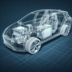 Naklejka premium A line art 3D illustration displays a modern electric car chassis x-ray, revealing the vehicle battery in a studio environment. 