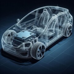 Naklejka premium A line art 3D illustration displays a modern electric car chassis x-ray, revealing the vehicle battery in a studio environment. 