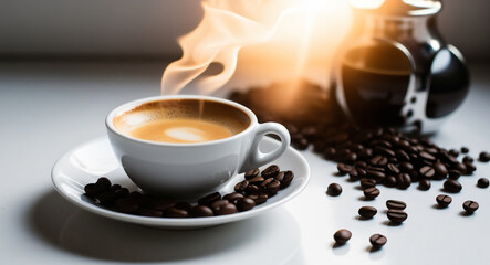 Fototapeta premium Refreshing hot cup of coffee at a cafe
