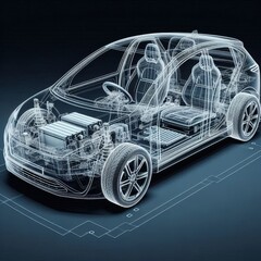Naklejka premium A line art 3D illustration displays a modern electric car chassis x-ray, revealing the vehicle battery in a studio environment. 