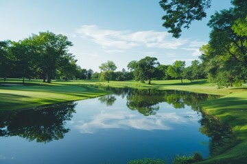 A serene landscape featuring a clear blue sky reflected in a calm pond surrounded by lush, green trees and grass, evoking a sense of tranquility and natural beauty.