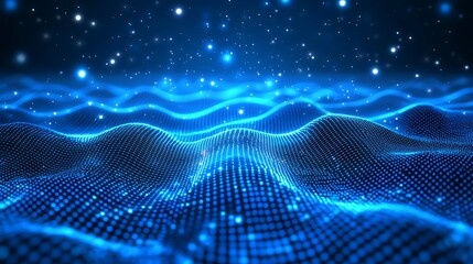 Vibrant digital landscape featuring flowing waves of blue light, creating a mesmerizing and futuristic atmosphere.