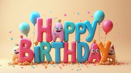 Colorful happy birthday lettering with cute 3D monster characters