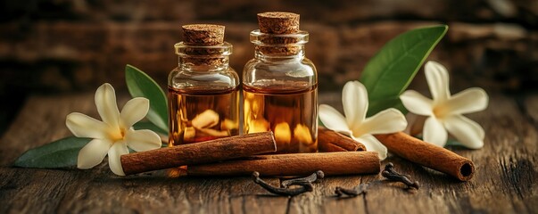 Elegant collection of essential oils with fragrant flowers and cinnamon sticks, perfect for aromatherapy and natural remedies.