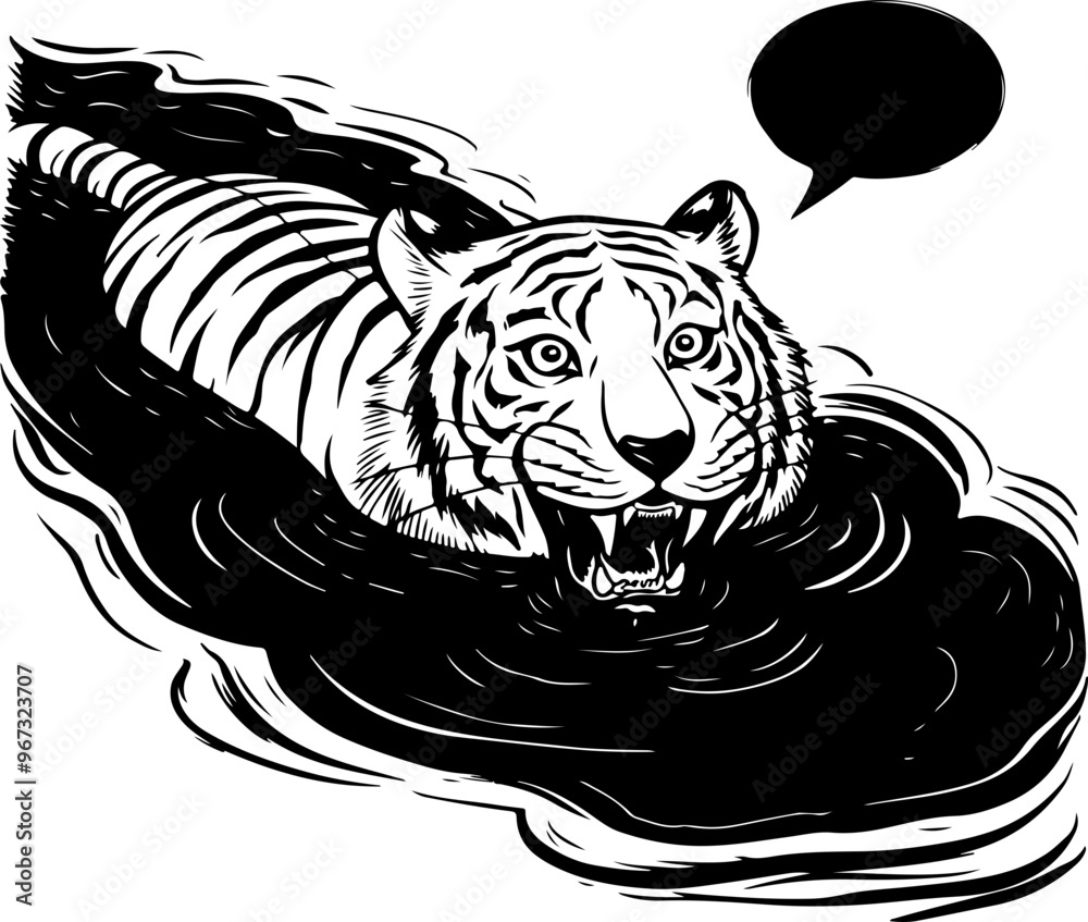 Wall mural Swimming Tiger in Bold Black and White Illustration