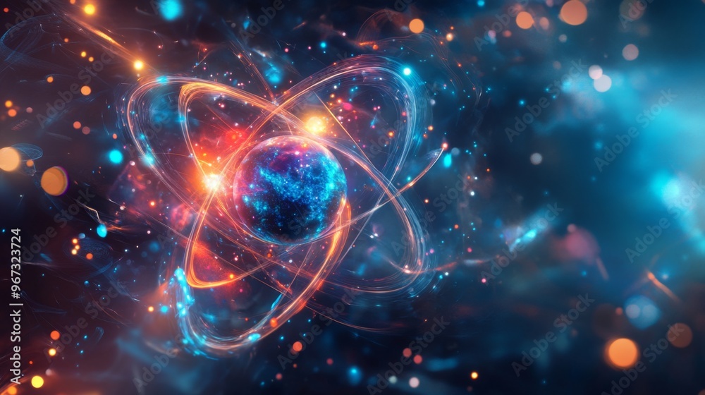 Poster A highly detailed, digital representation of an atom with orbiting electrons and a nucleus, illustrating atomic structure in a futuristic design.