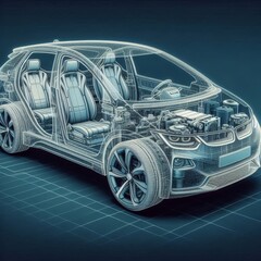 Naklejka premium A line art 3D illustration displays a modern electric car chassis x-ray, revealing the vehicle battery in a studio environment. 