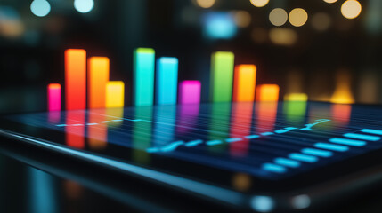 A digital tablet showcasing a business growth graph with colorful bars ascending, each bar representing a key financial metric