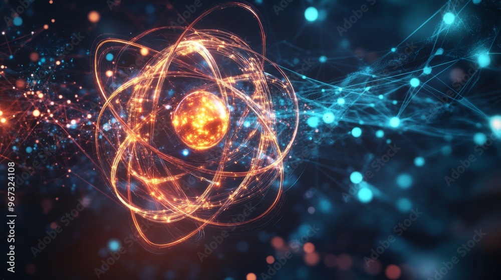 Poster a highly detailed, digital representation of an atom with orbiting electrons and a nucleus, illustra