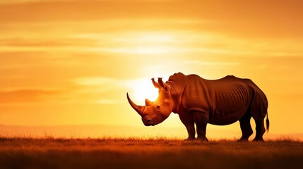 Fototapeta premium A rhino is standing in a field with the sun setting in the background