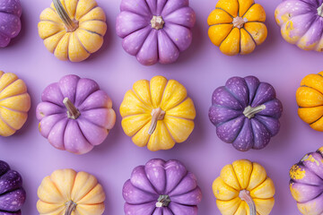 Top view of  small yellow and purple pumpkins on pastel background