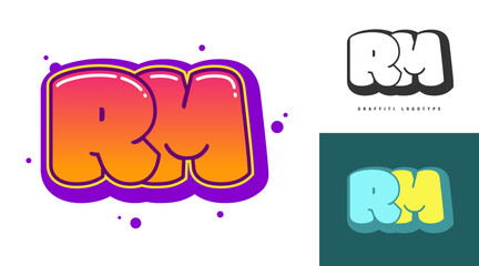 RM logo design for festival or party. Initial letter r and m in graffiti style. Creative modern lettering company name of font typography. Kids trendy logotype or identity.