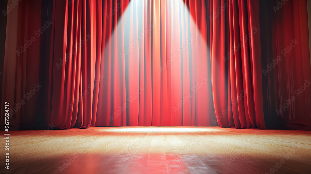 Poster A red curtain is open to reveal a stage with a spotlight shining on it