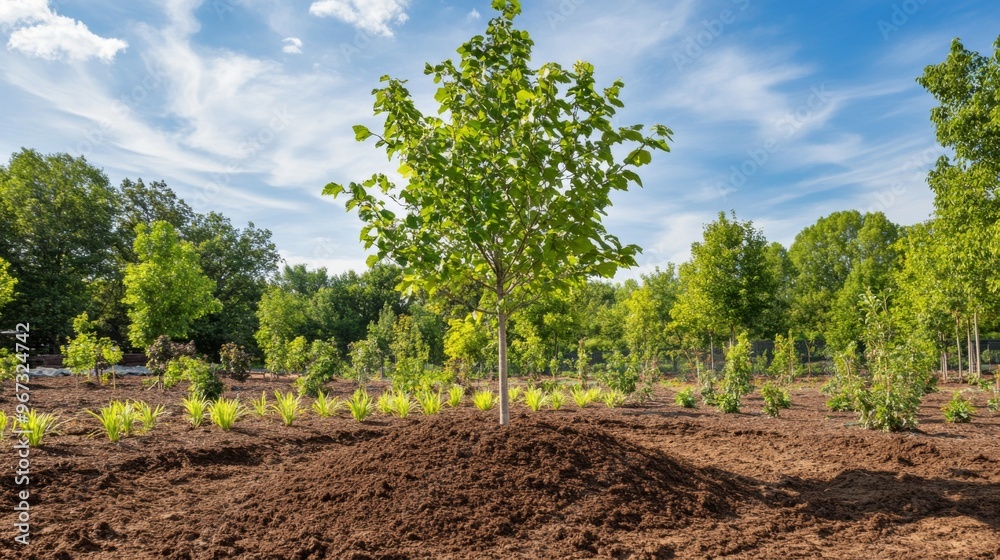 Poster a landscape scene of a newly planted tree with a protective mulch layer, set in a freshly prepared g
