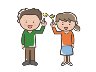 ポイントを説明する若い男女カップルの全身イラスト