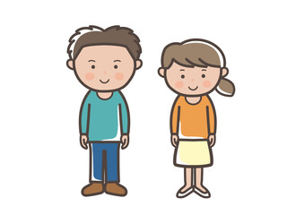 笑顔で正面を向く若い男女カップルの全身イラスト