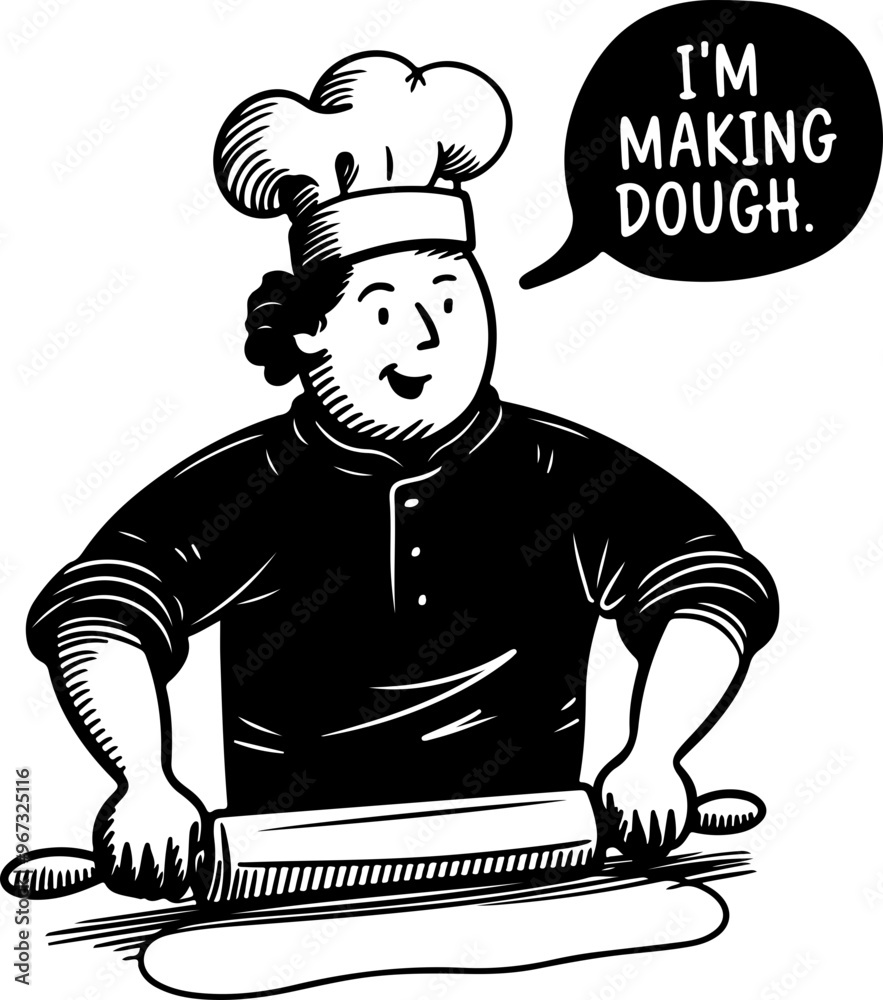 Poster Chef Preparing Dough with Rolling Pin and Speech Bubble