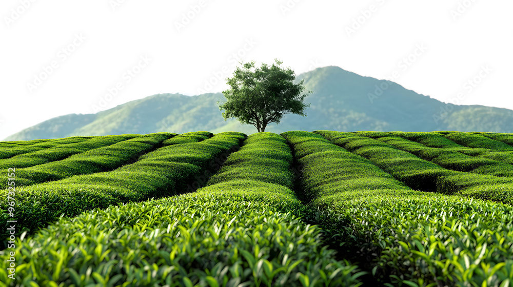 Poster tea plantation landscape isolated on transparent background ,