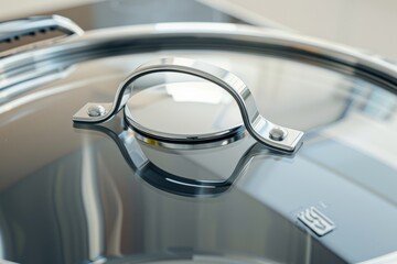 A polished, reflective stainless-steel pot lid, gleaming under soft light, showing the craftsmanship and quality of the kitchenware.