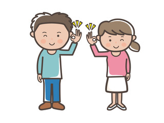 了解のOKサインを出す若い男女カップルの全身イラスト