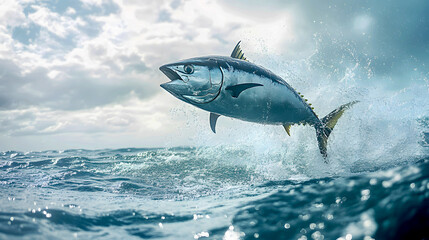 tuna fish breaking the surface of the water, mid-leap, with the ocean spray trailing behind it, highlighting its strength and speed