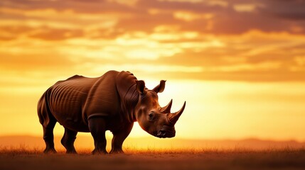 Fototapeta premium A rhino is standing in a field with the sun setting in the background. The scene is serene and peaceful, with the rhino being the main focus of the image