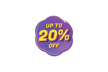 Sale Discount Label. Clover Shape Sale Promotion Stamp. Price Upto 20% Off Tag. Purple and Yellow Sale Label.