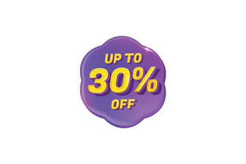 Sale Discount Label. Clover Shape Sale Promotion Stamp. Price Upto 30% Off Tag. Purple and Yellow Sale Label.