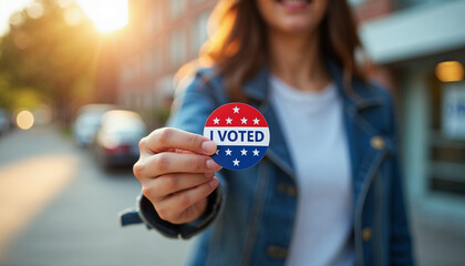 A voter proudly shows their "I Voted" sticker outside a polling place, with the location’s signage and setup in the background, capturing a sense of civic pride and engagement.