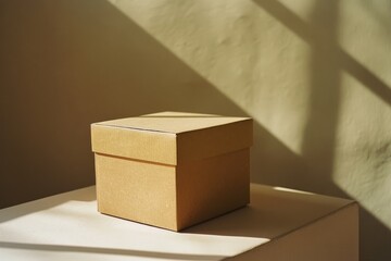 A simple brown cardboard box stands on a table, illuminated by diagonal sunlight streaming through a window, creating a serene moment.