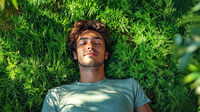 Serene young man lying on lush green grass, eyes closed with dappled sunlight on face, embracing nature and mindfulness in peaceful outdoor meditation session