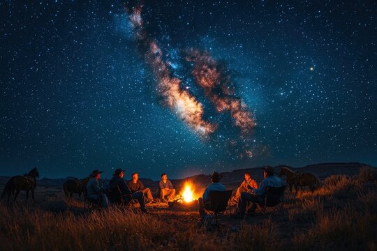 Cowboys gathered around a campfire beneath a starry night sky
