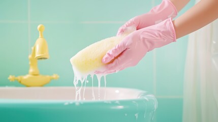 Female hands in latex cleaning gloves washing bathroom sink. Pastel colors biro pink, pink, yellow. Clearing company banner and copy space