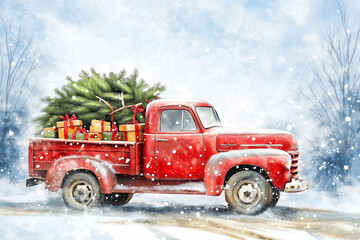 Red Pick Up Truck with Christmas Tree