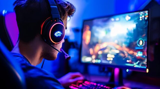 Young gamer focused on an intense gaming session in a dimly lit room during the evening, wearing headphones and using a computer