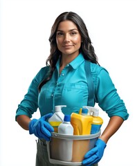Beautiful brunette in a cleaning lady apron holding cleaning supplies. Young woman holding tools and cleaning products in a bucket, isolated on white background