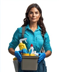Beautiful brunette in a cleaning lady apron holding cleaning supplies. Young woman holding tools and cleaning products in a bucket, isolated on white background