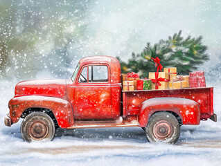 Red Pick Up Truck with Christmas Tree