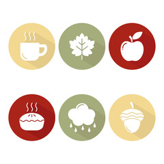 Autumn season flat design icons. Round and colored icons with long shadow. Icons set vector illustration.