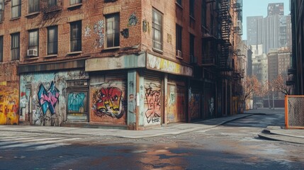 Fototapeta premium A street corner in a city with graffiti on the walls of buildings.