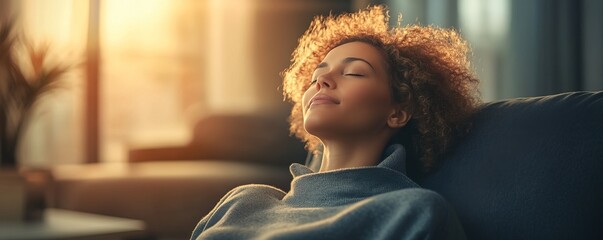 Fototapeta premium A serene moment of relaxation captured as a woman enjoys peaceful solitude in a cozy indoor setting during golden hour.