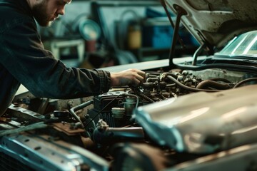 A mechanic leaning over an open car engine, showcasing detailed work and focus in an auto shop.