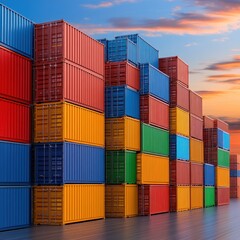 A vibrant stack of shipping containers against a stunning sunset backdrop, symbolizing global trade and logistics.