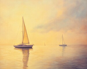 Fototapeta premium Calm Sea with Distant Sailboats in Soft Morning Light