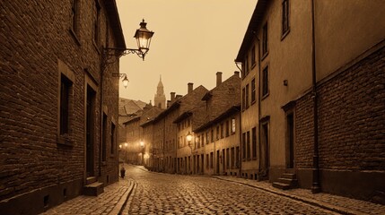 Naklejka premium Generative AI, Cobblestone street in an old town, illuminated by vintage street lamps, with warm sepia lighting creating a nostalgic, quiet atmosphere as the street stretches into the distance