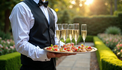 A waiter in a crisp uniform holds a tray with champagne glasses and gourmet appetizers at a garden event